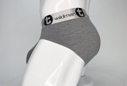 Gray heathered modal cotton briefs with a white elastic waistband featuring the wildman brand logo in black