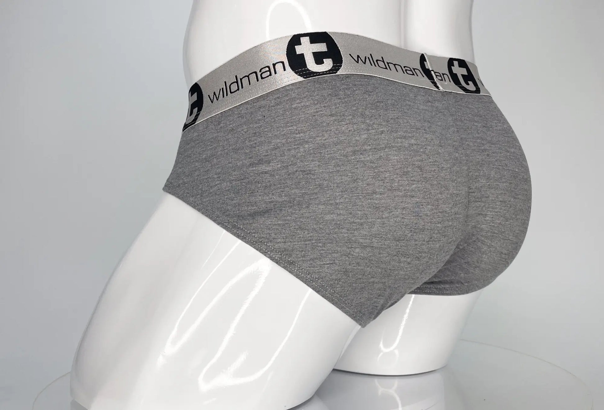 Wildmant modal monster cock brief gray heathered gray with silver elastic waistband featuring wildman t logo