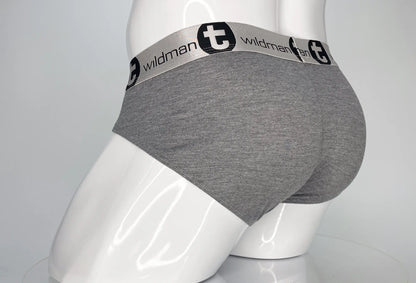 Wildmant modal monster cock brief gray heathered gray with silver elastic waistband featuring wildman t logo
