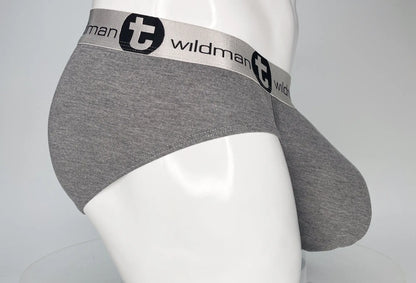 Gray heathered modal briefs with silver elastic waistband featuring wildman brand logo in wildmant modal monster cock brief gray