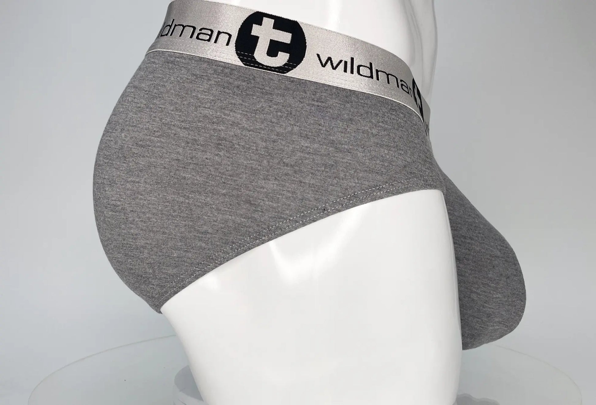 Gray heathered wildmant modal briefs with silver elastic waistband and wildman t logo for comfortable support