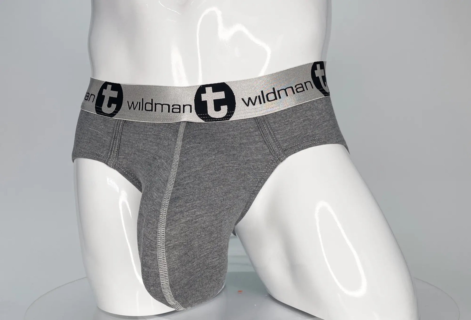 Gray heathered modal briefs with a silver waistband featuring black wildman branding from wildmant modal monster cock brief gray