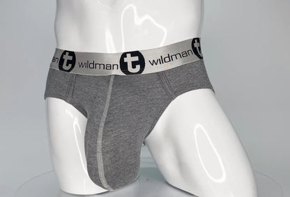 Gray heathered modal briefs with a silver waistband featuring black wildman branding from wildmant modal monster cock brief gray