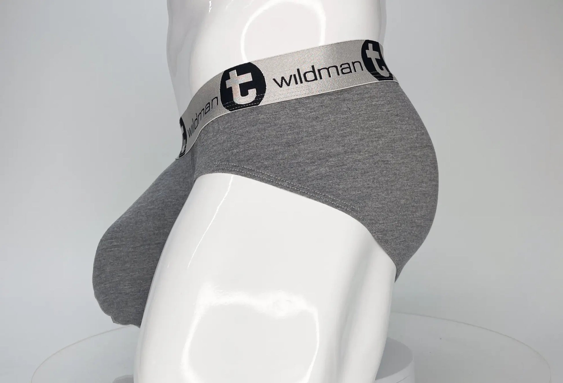 Gray heathered modal briefs with silver waistband featuring the wildman brand logo from wildmant modal monster cock brief gray product