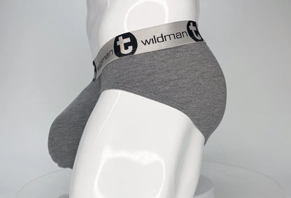 Gray heathered modal briefs with silver waistband featuring the wildman brand logo from wildmant modal monster cock brief gray product