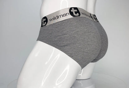 WildmanT modal monster cock brief gray with gray heathered fabric and silver waistband featuring wildman t logo in black