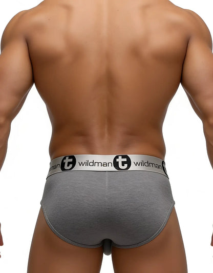Rear view of muscular man wearing gray WildmanT modal briefs with branded silver waistband.