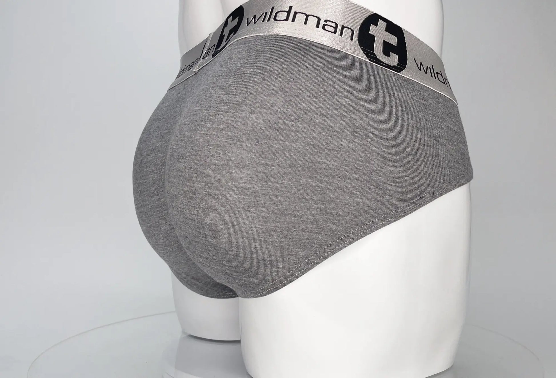 WildmanT modal monster cock brief gray heathered with silver waistband featuring wildman t logo