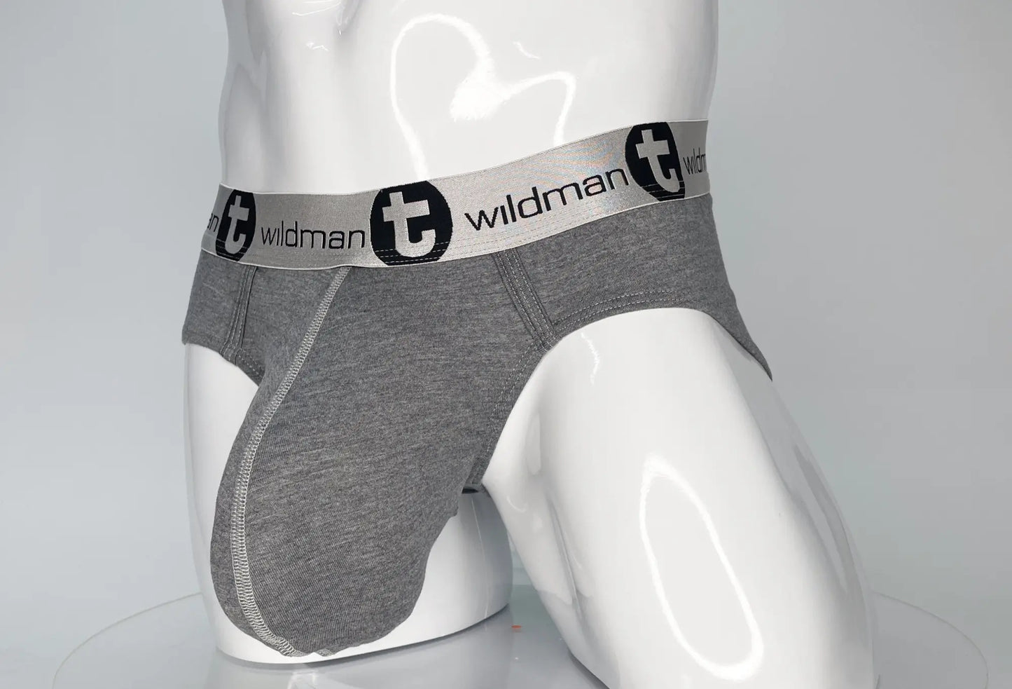 Gray heathered modal briefs with white elastic waistband featuring black wildman branding and logo wildmant modal monster cock brief gray