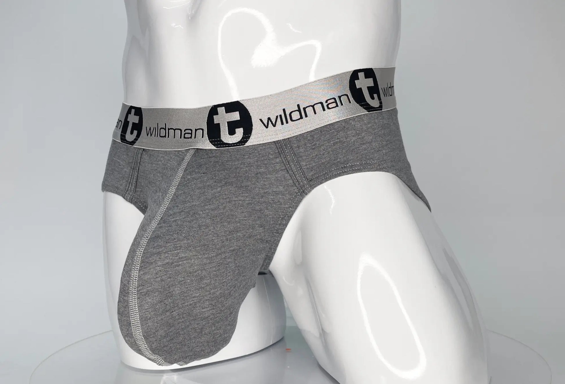 Gray heathered modal briefs with white elastic waistband featuring black wildman branding and logo wildmant modal monster cock brief gray