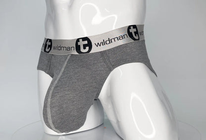 Gray heathered modal briefs with white elastic waistband featuring black wildman branding and logo wildmant modal monster cock brief gray