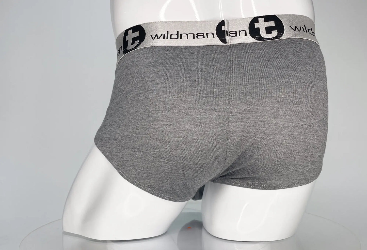 Gray heathered modal briefs with white elastic waistband featuring black wildman branding and logo wildmant modal monster cock brief gray