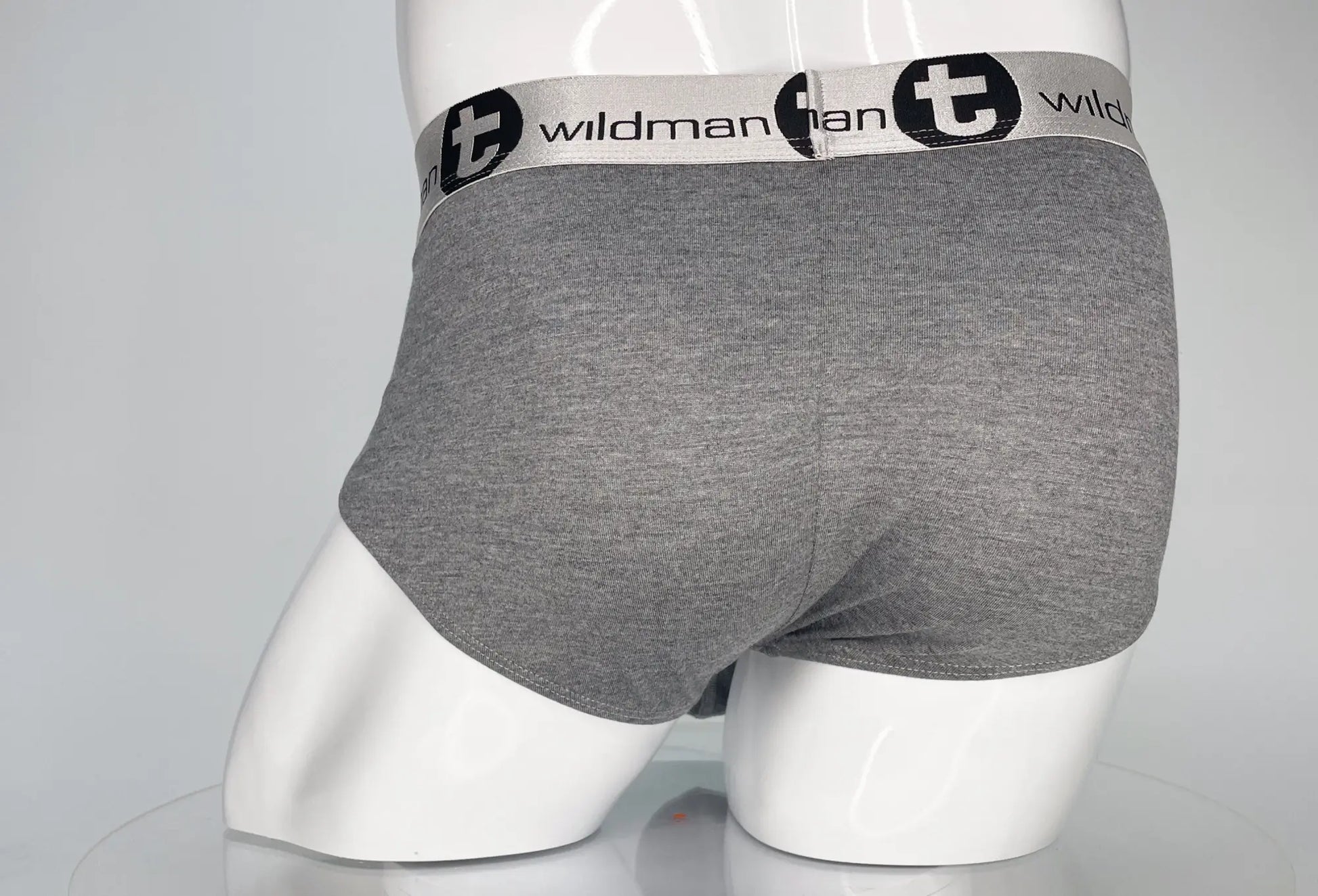 Gray heathered modal briefs with white elastic waistband featuring black wildman branding and logo wildmant modal monster cock brief gray