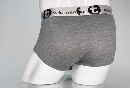 Gray heathered modal briefs with white elastic waistband featuring black wildman branding and logo wildmant modal monster cock brief gray