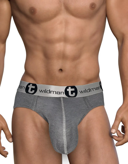 Gray heathered modal briefs with white elastic waistband featuring wildman logo and black circular emblem
