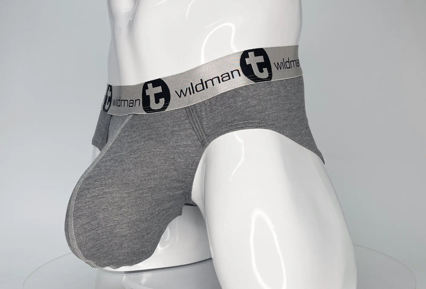 Gray wildman men’s modal briefs with branded elastic waistband designed for comfort and support