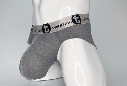 Gray wildman men’s modal briefs with branded elastic waistband designed for comfort and support