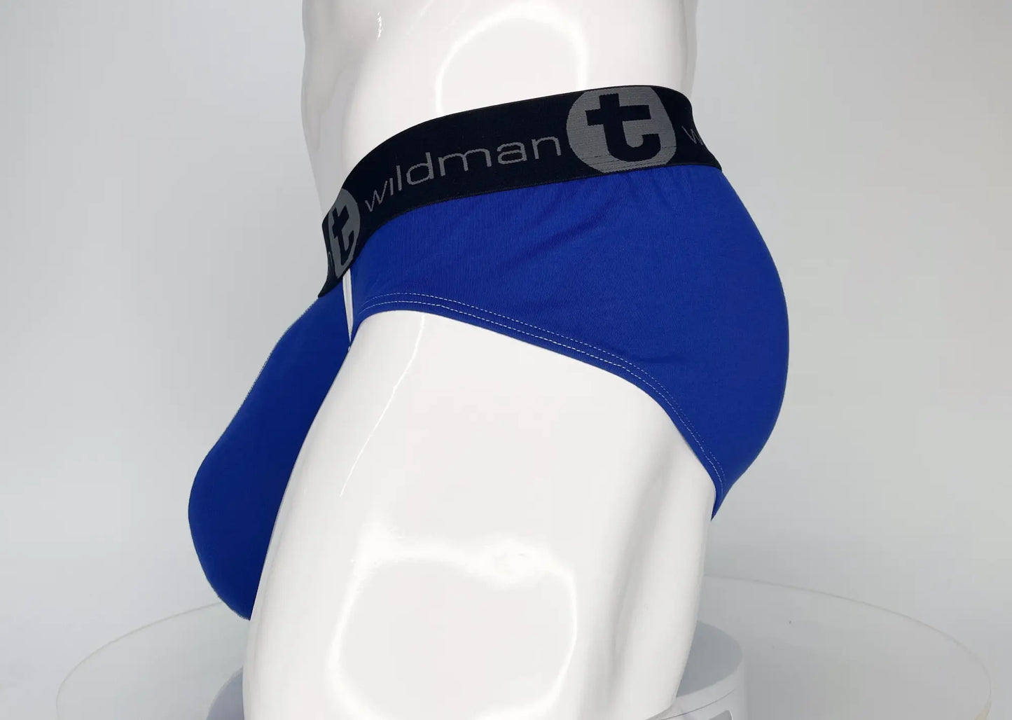 Blue men’s modal briefs with black elastic waistband featuring wildman t logo in royal blue wildmant modal monster cock brief