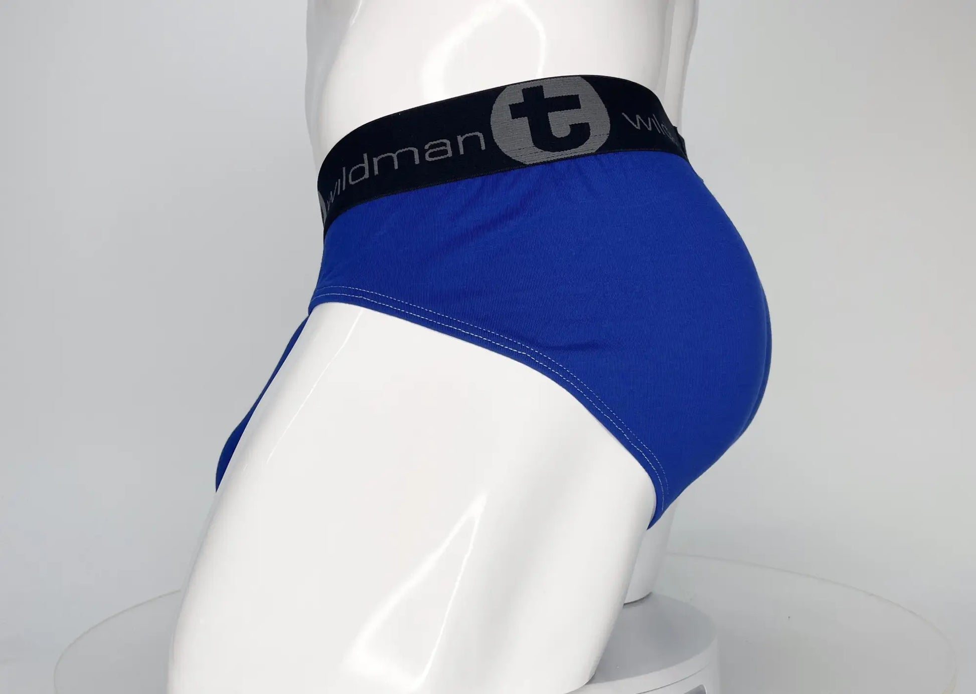 Wildmant modal monster cock brief in royal blue with black elastic waistband and wildman brand logo in blue men’s briefs