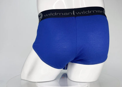 Wildman t modal monster cock brief royal blue with black elastic waistband and gray wildman logo in front view