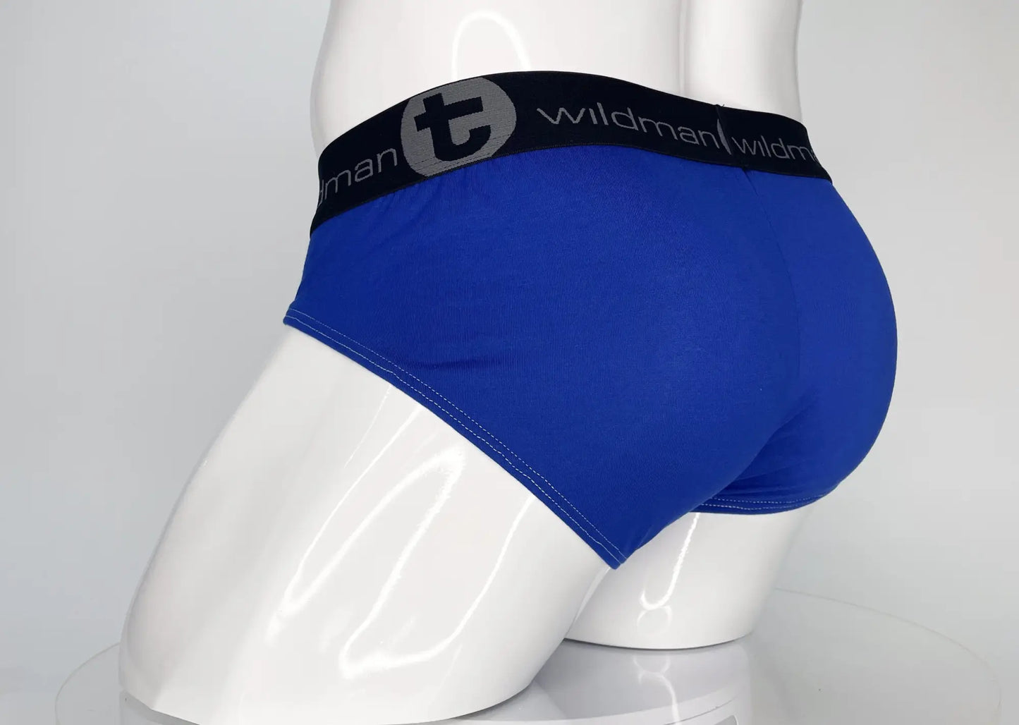 WildmanT modal monster cock brief in royal blue with black waistband featuring t logo and repeating wildman text