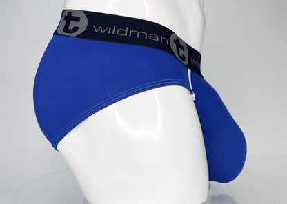 Blue wildman modal monster cock briefs in royal blue with black elastic waistband featuring t logo and text