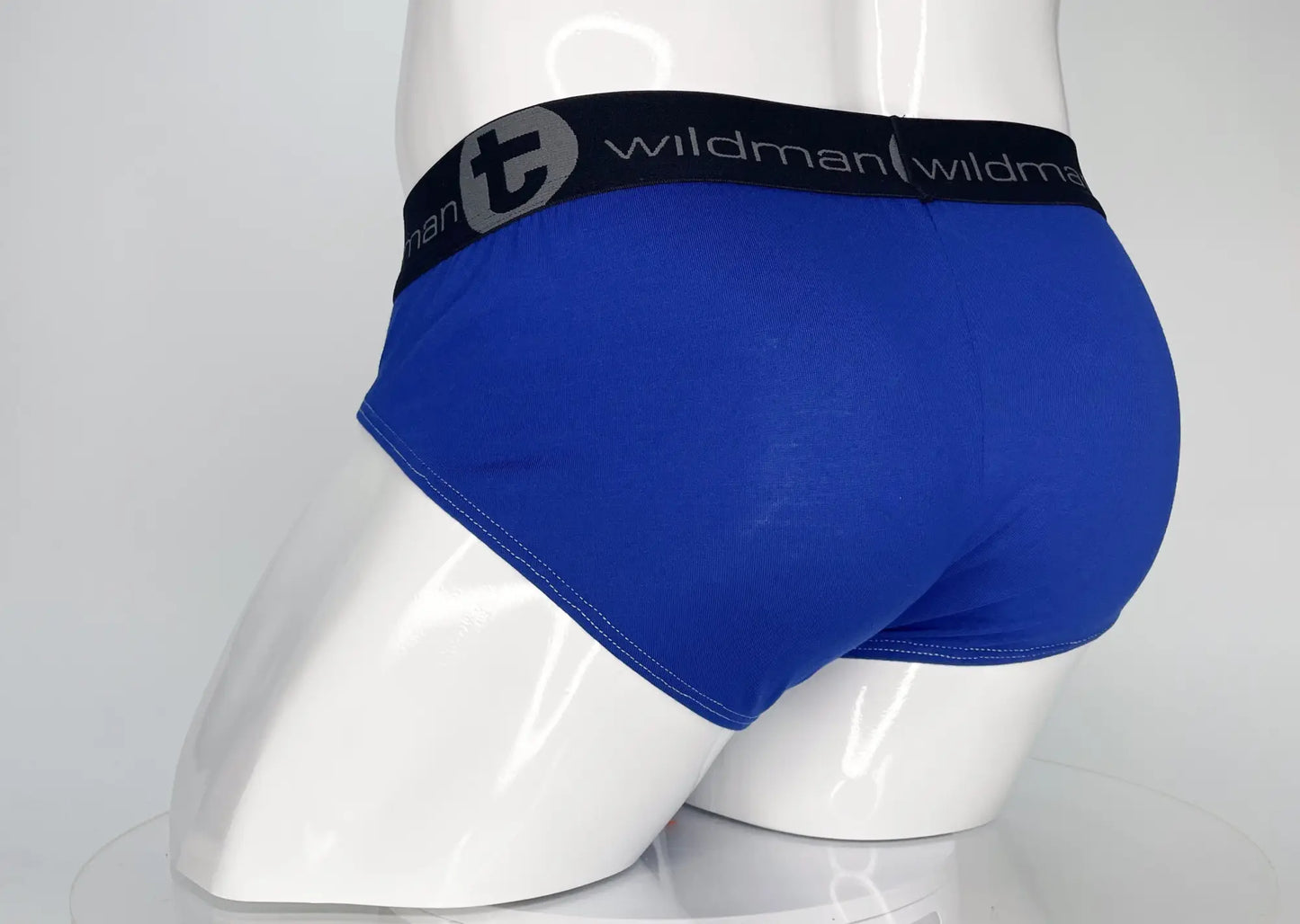 Wildmant modal monster cock brief in royal blue with black waistband featuring t logo and repeating wildman text
