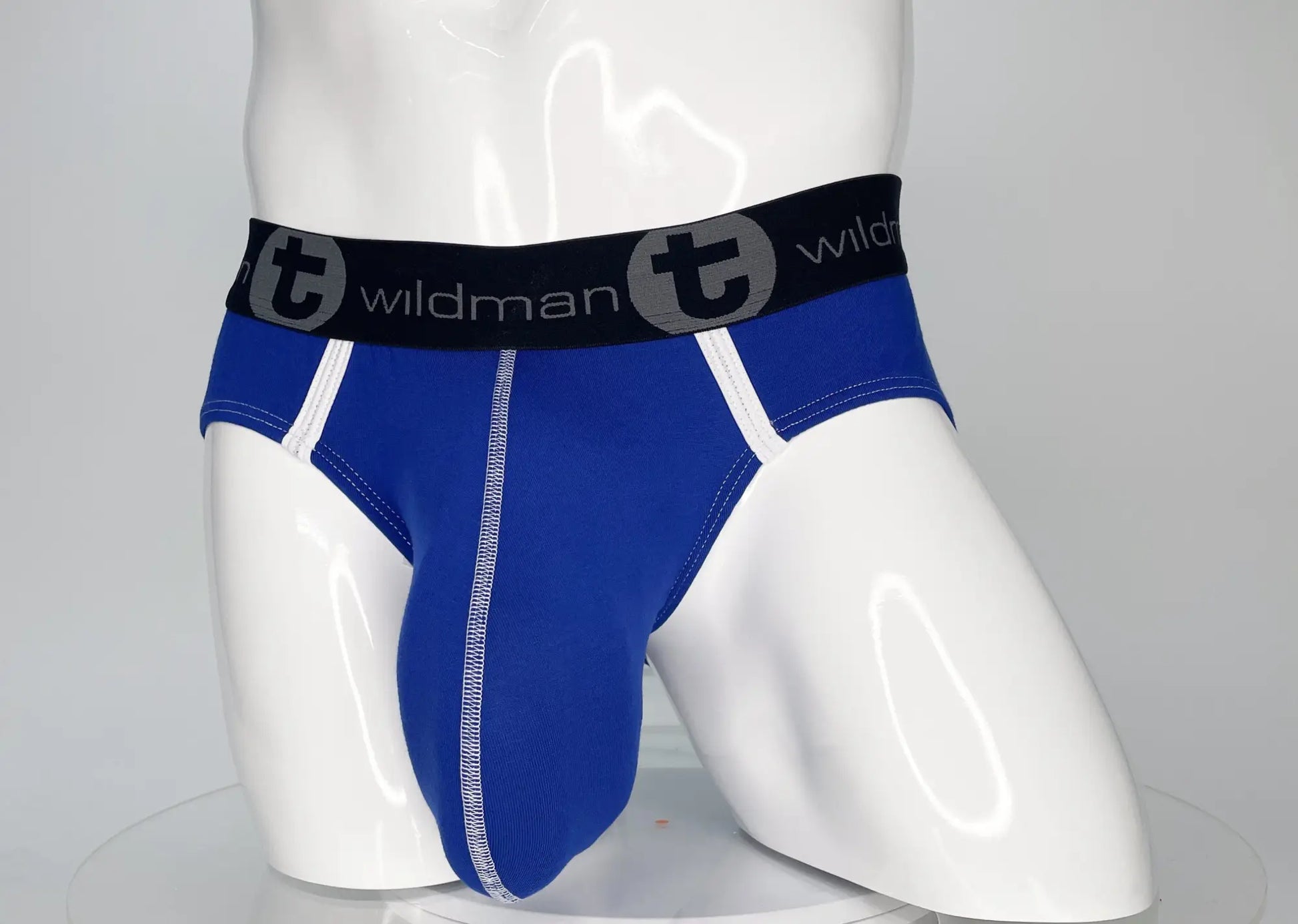Wildmant modal monster cock brief royal blue with black waistband and white stitching along seams in blue wildman brand