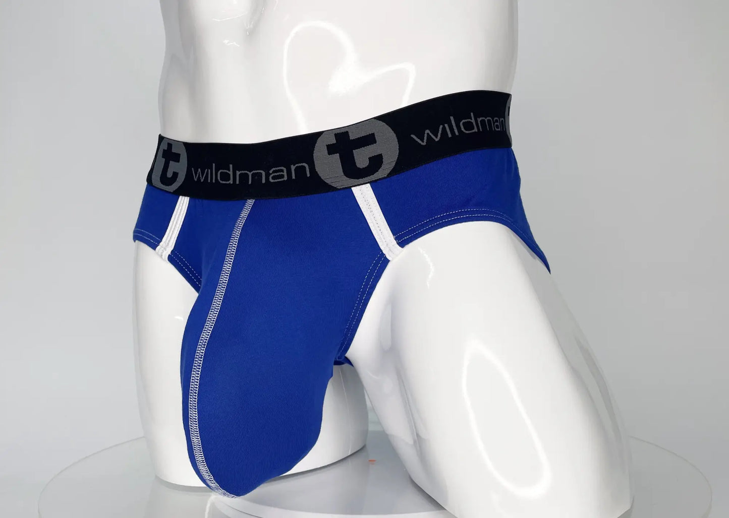 Blue wildman briefs with white trim and black waistband featuring t logo modal fabric royal blue wildmant modal monster cock brief