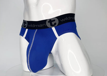 Blue wildman briefs with white trim and black waistband featuring t logo modal fabric royal blue wildmant modal monster cock brief