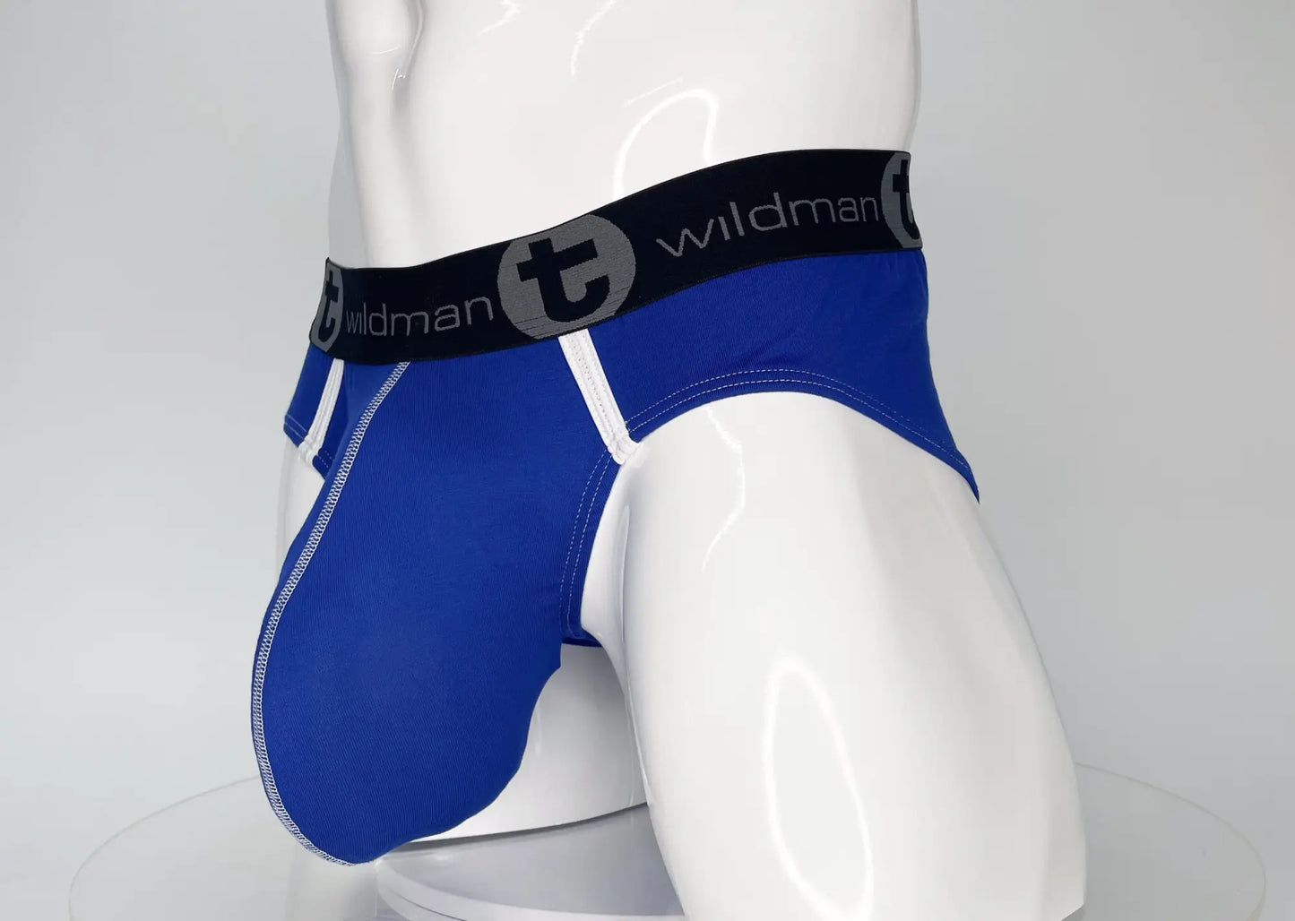 WildmanT modal monster cock brief royal blue in blue with black waistband logo and white stitching along seams