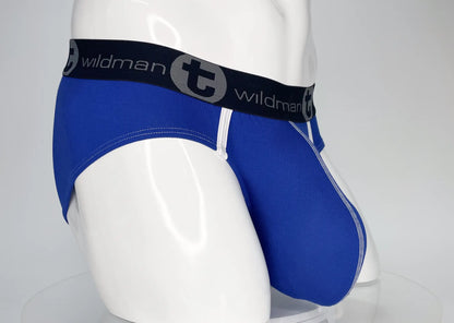 Blue wildman men’s modal briefs with black waistband logo and white stitching along seams royal blue color
