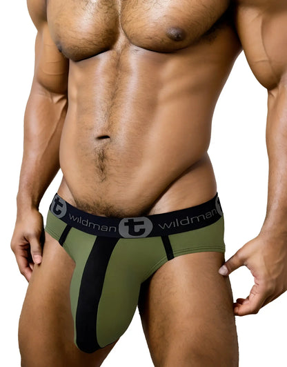 Olive green and black cotton athletic briefs with bold central stripe featuring wildman logo on waistband