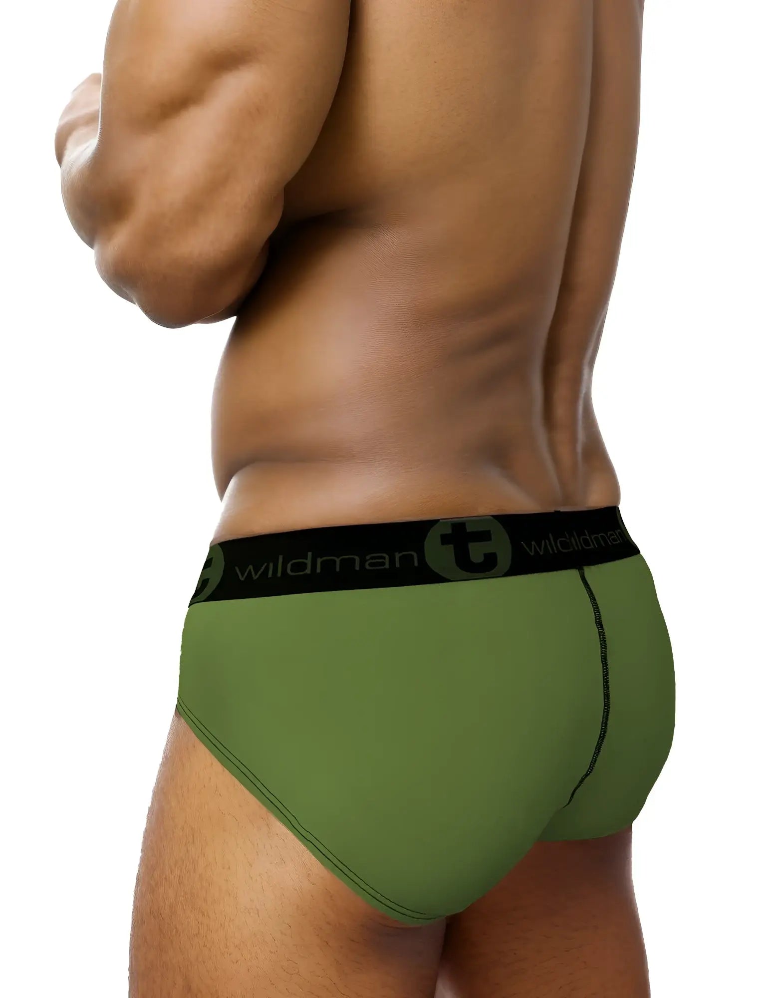 Olive green cotton briefs with black elastic waistband featuring wildman logo stripe army green design