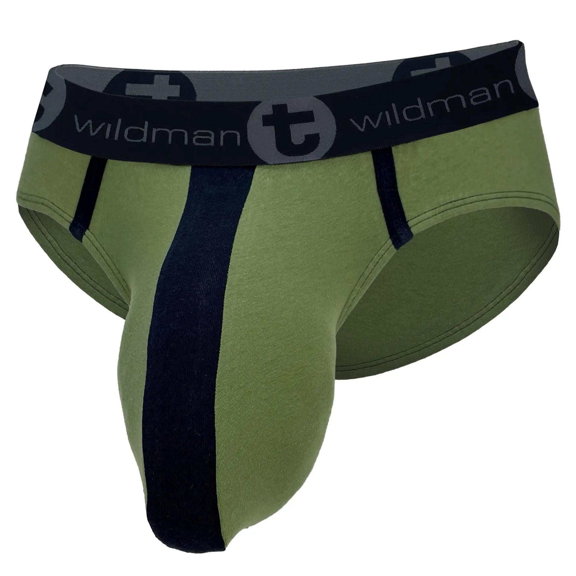 Army green cotton brief with a navy center stripe and a branded, elastic waistband featuring the WildmanT logo.