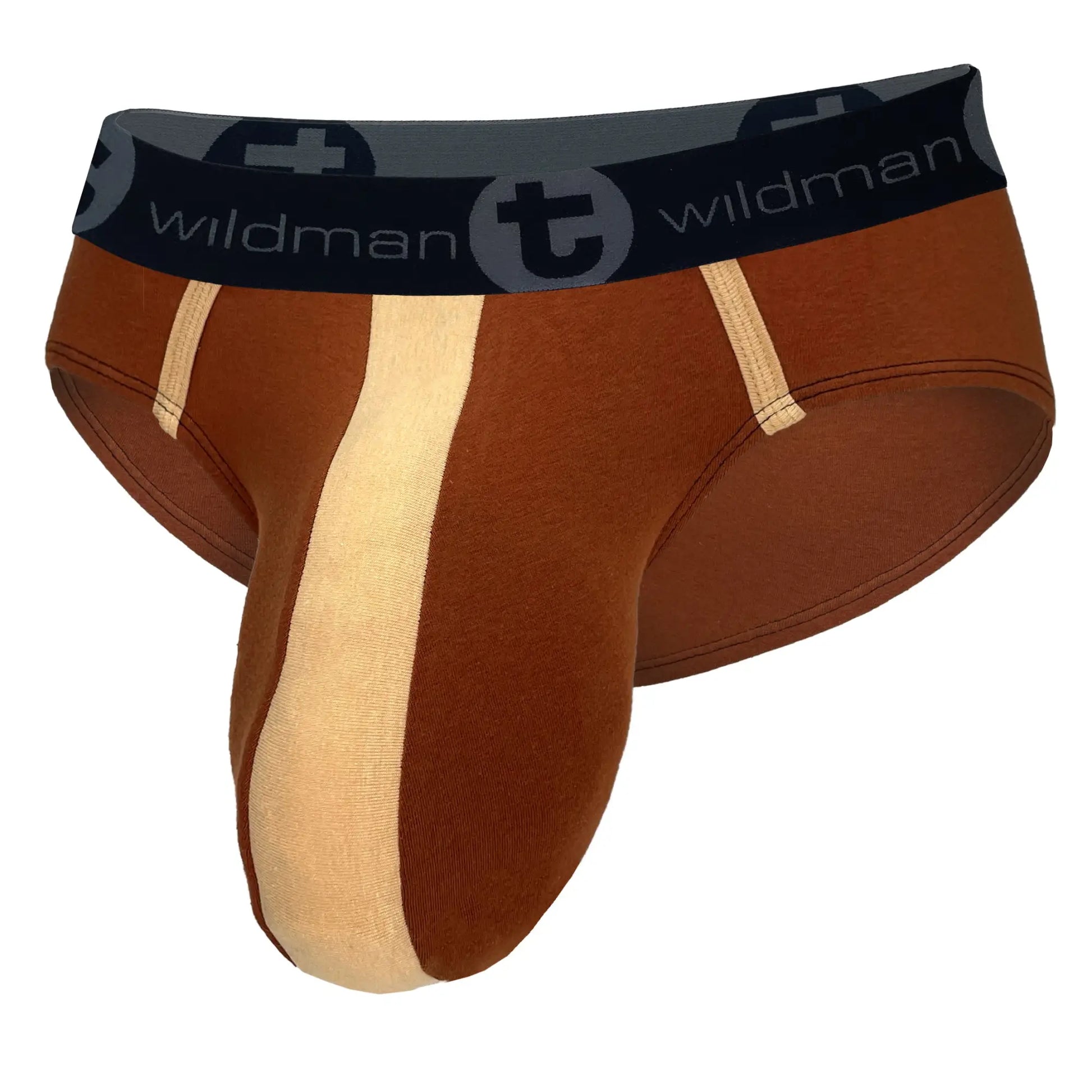 Brown and tan cotton brief with a contoured pouch, featuring a black WildmanT branded elastic waistband.