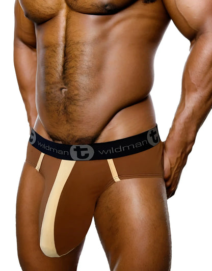 WildmanT Monster Cock cotton brief in brown and tan with black waistband featuring Wildman branded logo