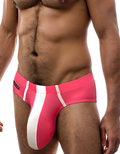 Wildmant monster cock modal brief pink and white striped men’s swim trunks with a sleek, form-fitting design
