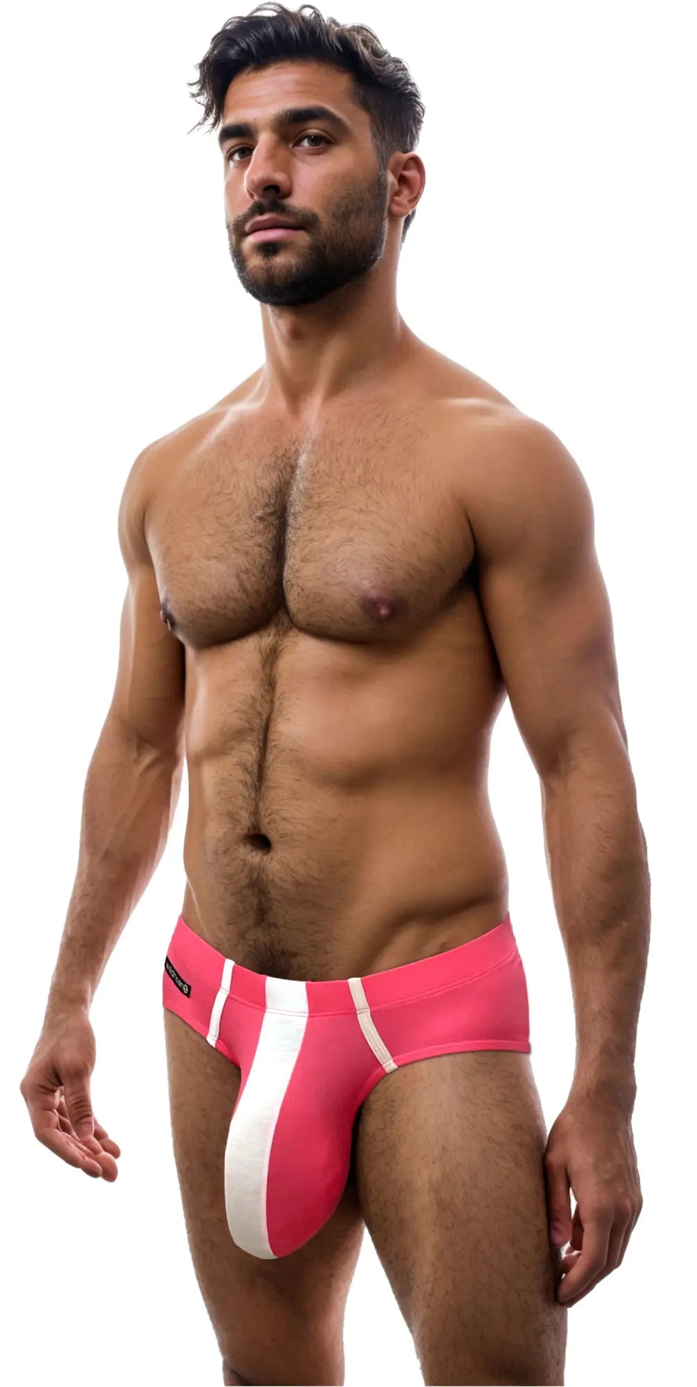 Wildmant monster cock modal brief in pink and white striped pattern with bold modern design for athletic use