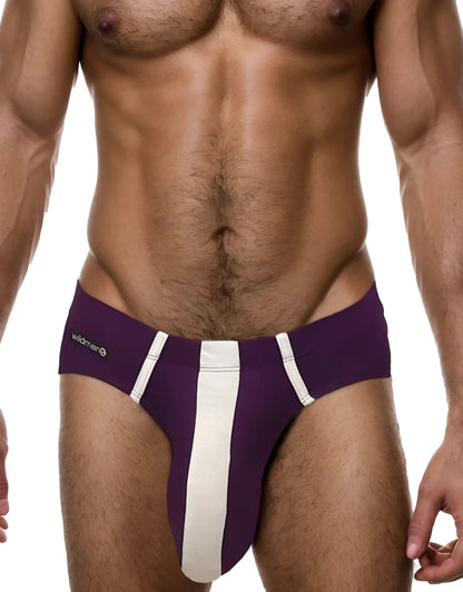 WildmanT monster cock modal brief in purple and white with a bold vertical stripe and athletic jockstrap style
