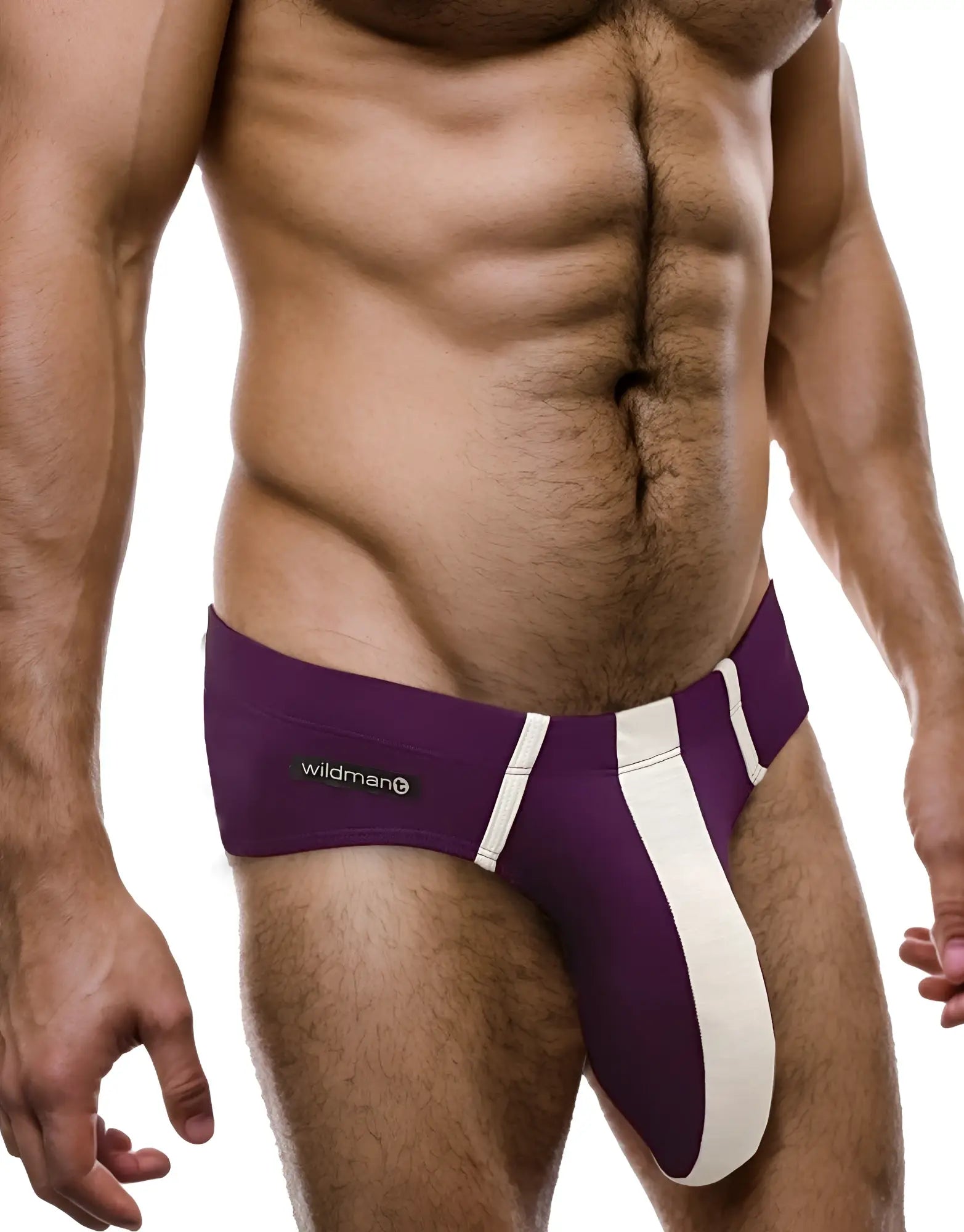 WildmanT monster cock modal briefs in purple and white with bold vertical stripe design