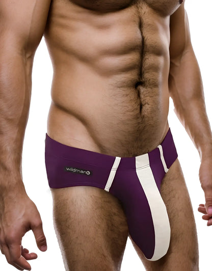 WildmanT monster cock modal briefs in purple and white with bold vertical stripe design