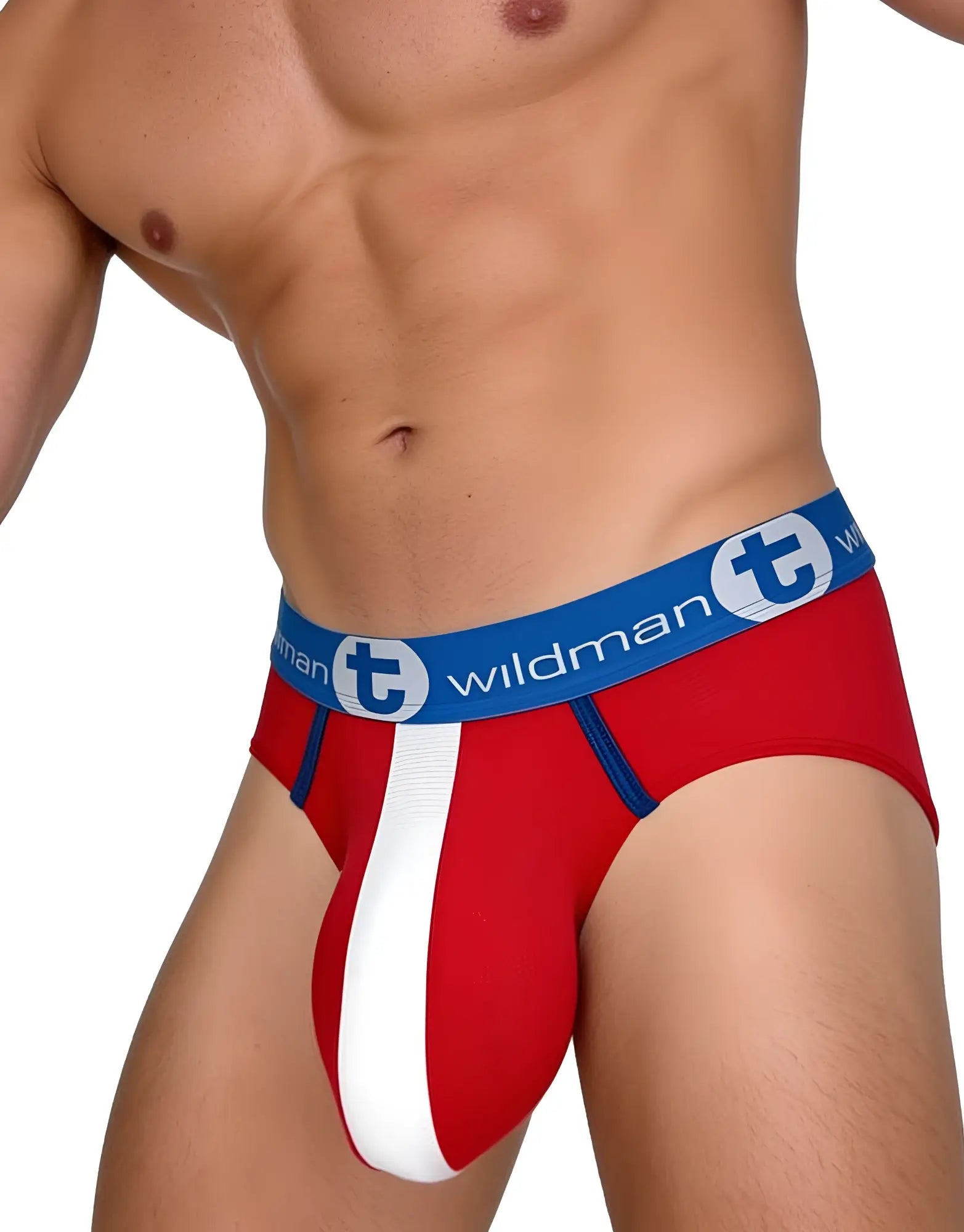 Front view of WildmanT red, white, and blue mesh Monster Cock Pouch briefs on a male model.