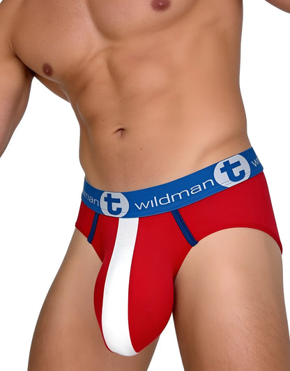 Front view of WildmanT red, white, and blue mesh Monster Cock Pouch briefs on a male model.