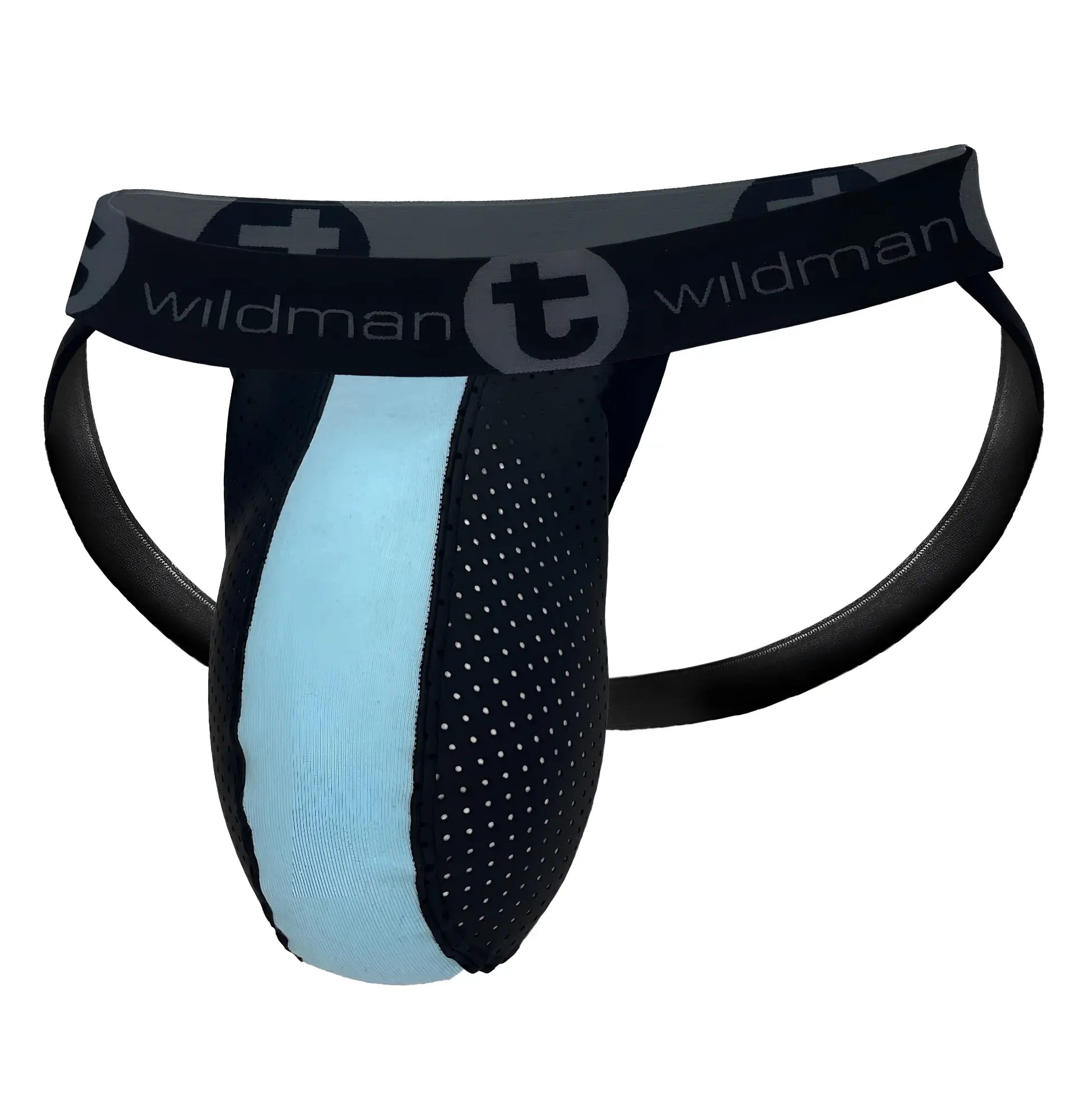 Black and light blue wildman athletic briefs with perforated mesh and rubber cotton fabric front pouch panel