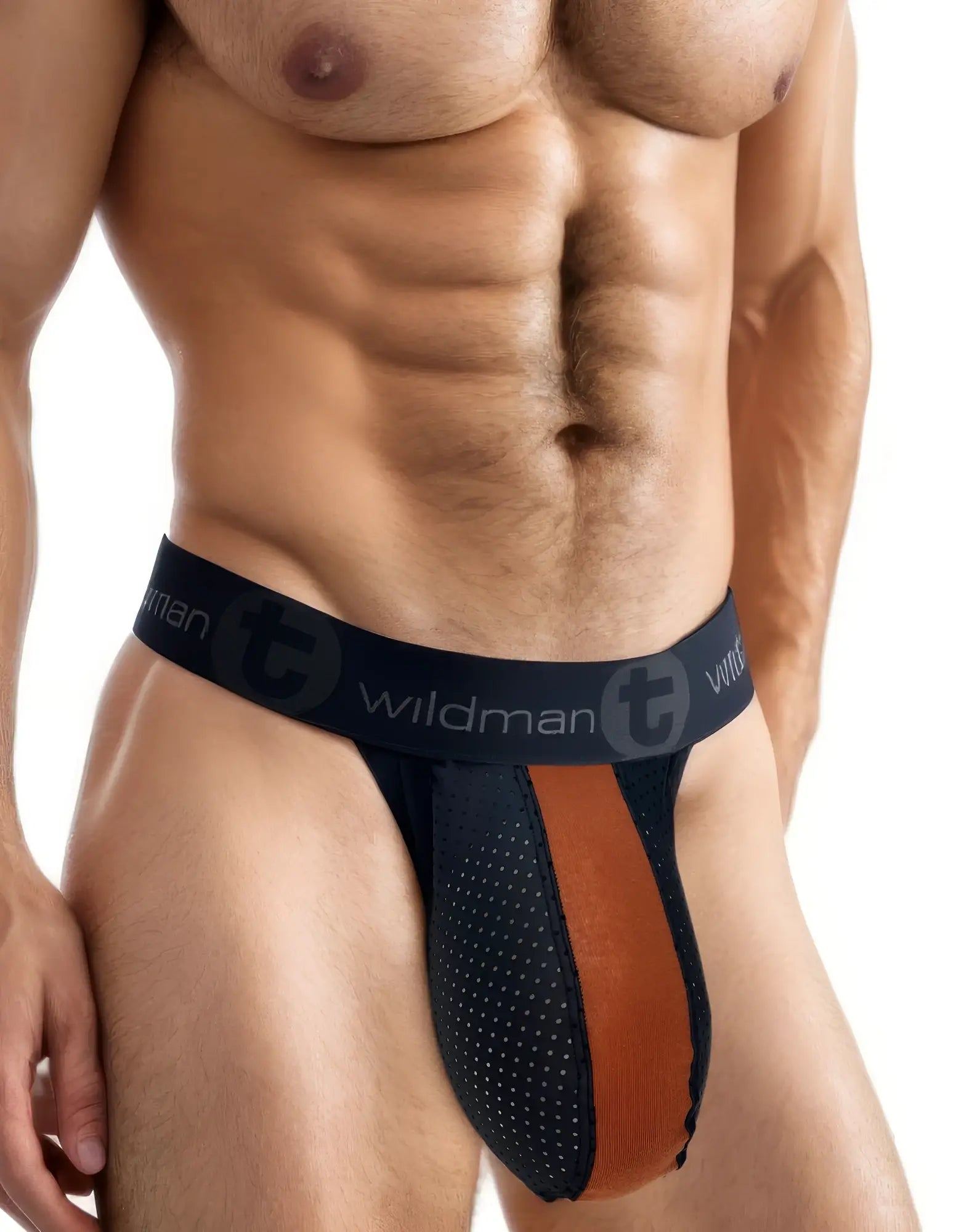 Brown and black jockstrap featuring a perforated pouch with a central brown stripe and branded elastic waistband.