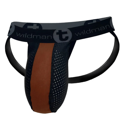 Brown and black perforated jockstrap with a branded elastic waistband and a center panel design.