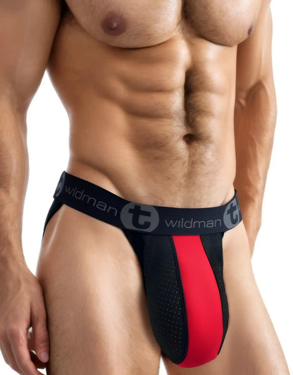 Black and red wildman monster cock rubber cotton jockstrap briefs with perforated design and branded waistband