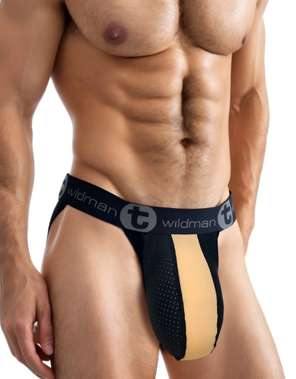 Black and tan wildman athletic briefs with perforated design and rubber cotton material for support and comfort