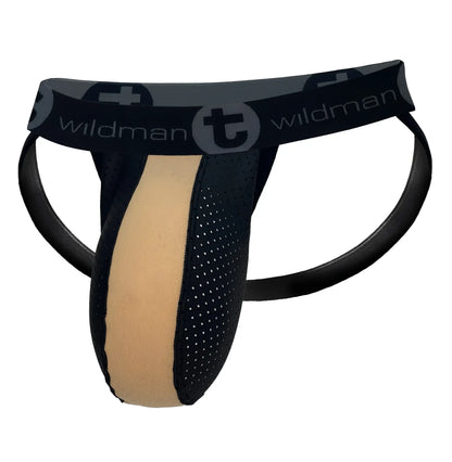 Black and beige wildman athletic brief with perforated mesh panels and branded waistband in rubber and cotton tan